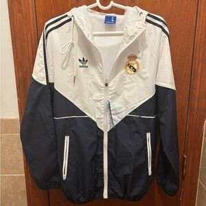 adidas White and Navy Zip-Up Windbreaker Jacket with Crest